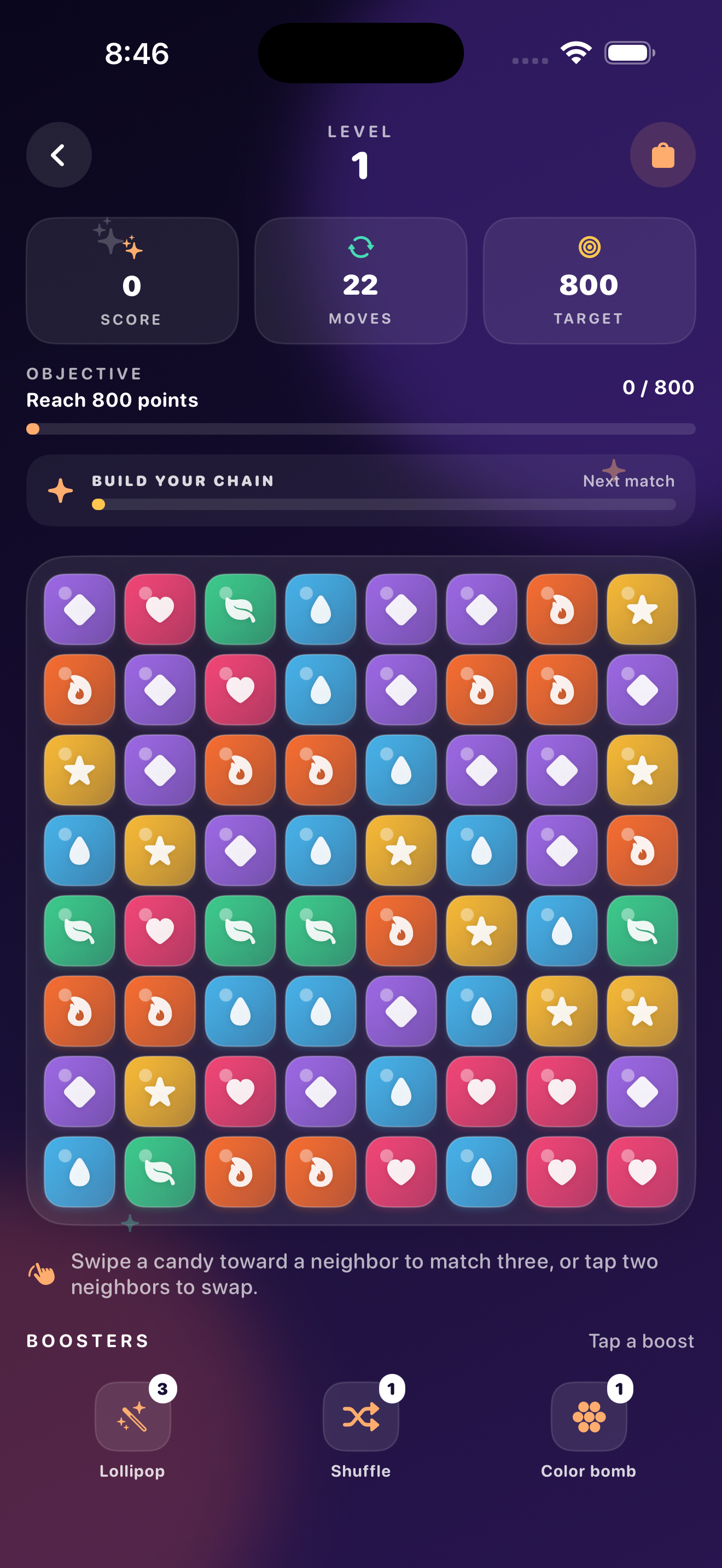 Sweet Smash gameplay board showing an 8x8 candy grid with score, moves, and target counters