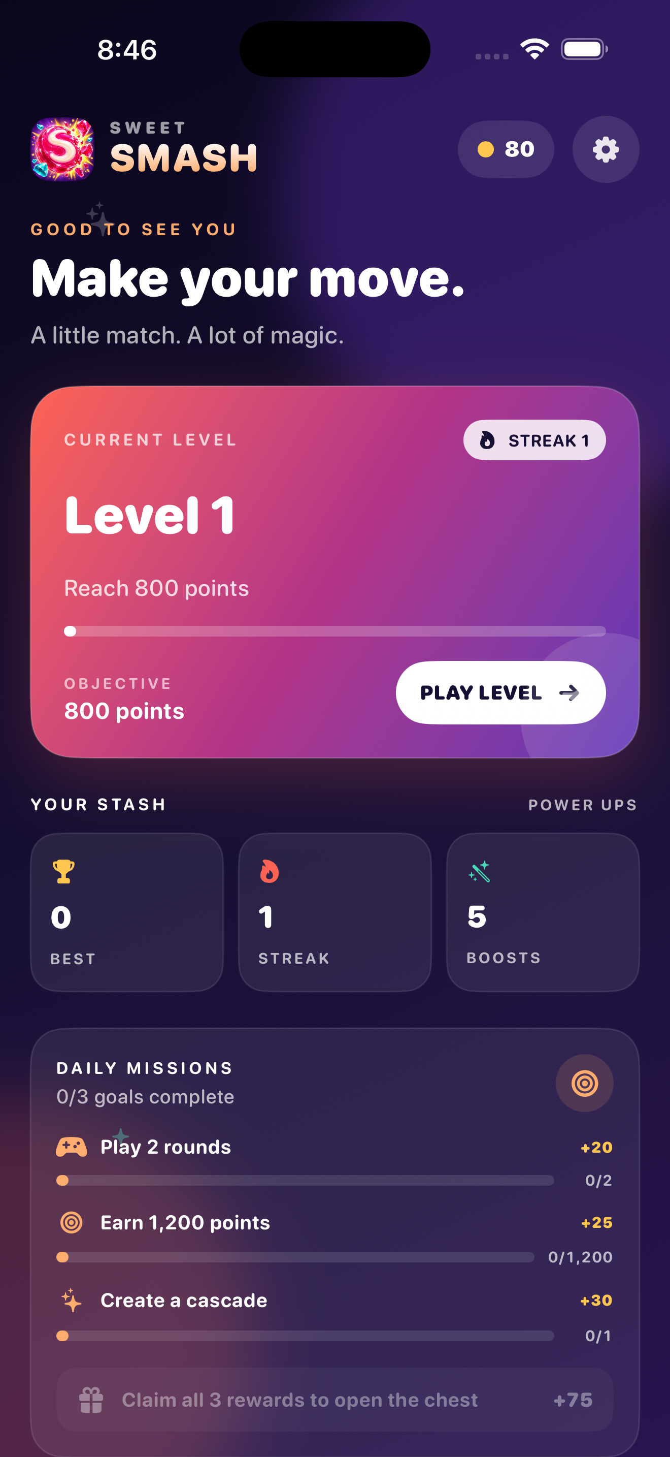 Sweet Smash level select screen showing Level 1, daily missions, and player stash with streak and boost counters