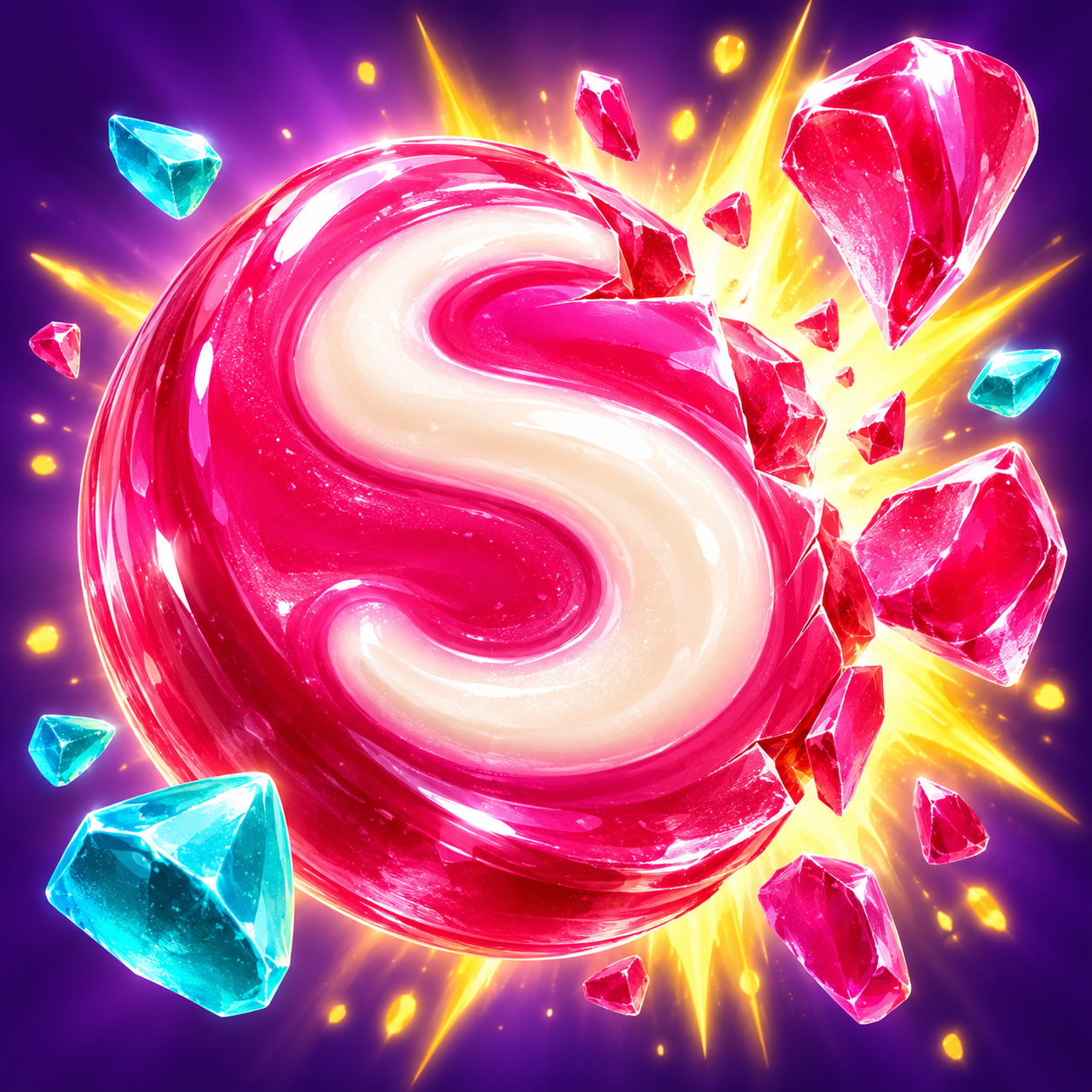 Sweet Smash logo — glossy pink candy S with colorful gems